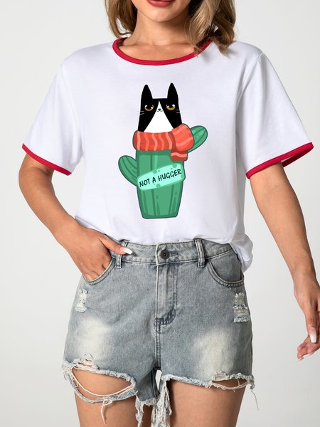 

MUMU Not A Hugger Funny Cat Cotton Blends Ringer Tee, Red, T-shirts