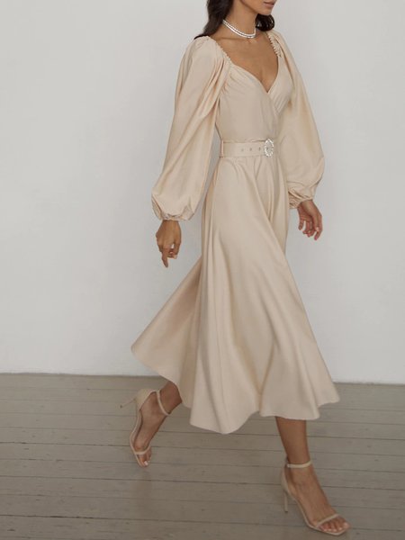

Solid V Neck Elegant Regular Fit Dress, Apricot, Midi Dresses