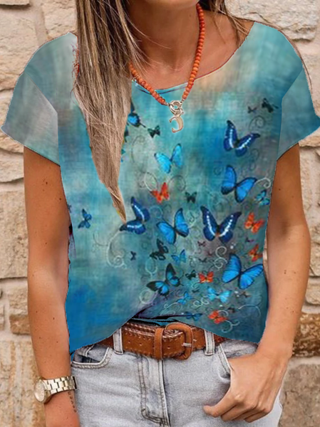 

Butterfly Casual Vacation Regular Fit T-shirt, Blue, Tops