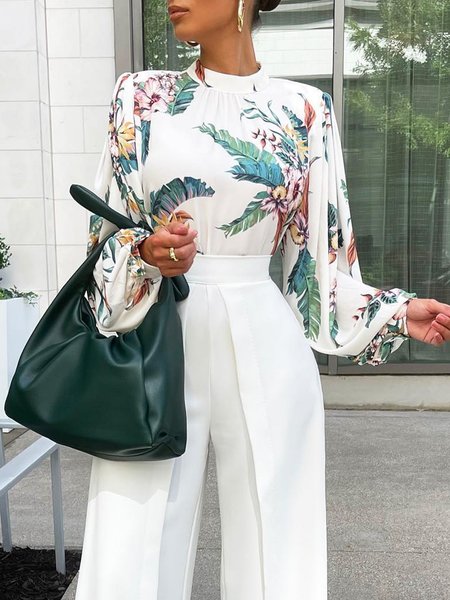 

Lady Floral Long Sleeve Regular Fit Top, White, Blouses and Shirts