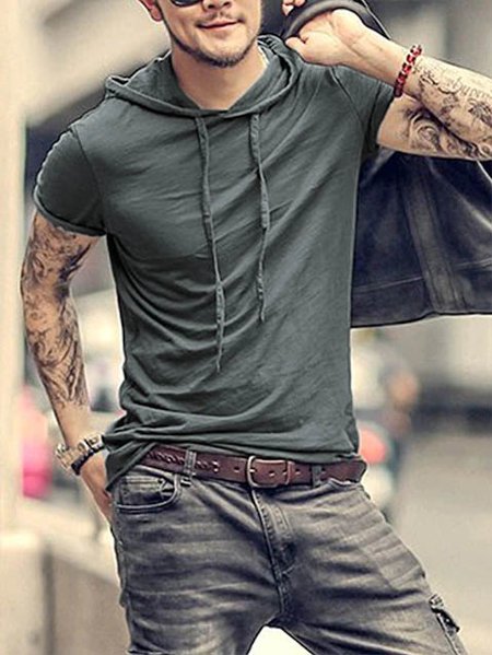 

Pure Color Short Sleeve Casual Hooded Tee, Green, T-shirt