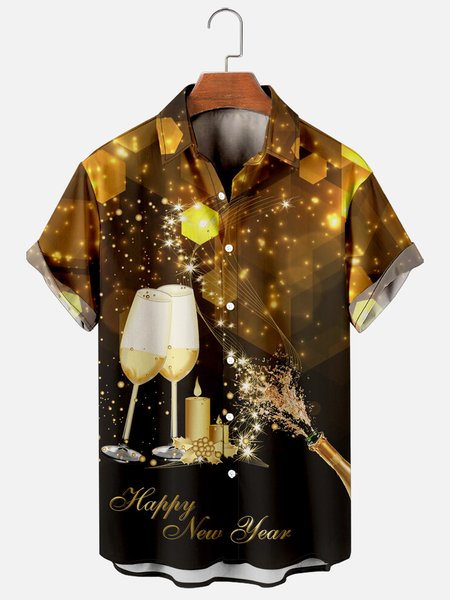 

Mens Happy New Year Print Casual Breathable Short Sleeve Hawaiian Shirts, As picture, Shirts ＆ Blouse