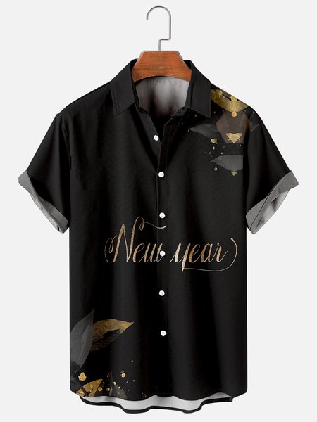 

Mens Happy New Year Print Casual Breathable Short Sleeve Hawaiian Shirts, Black, Shirts ＆ Blouse