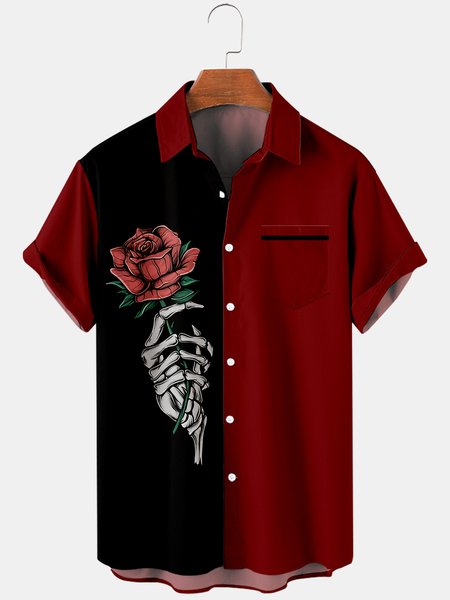 

Mens Skull Rose Print Casual Breathable Hawaiian Short Sleeve Shirt, Black, Men's Floral shirt