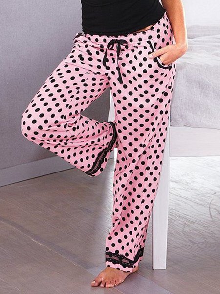 

Polka Dots Lace Pockets Plus Size Casual Women Household Pants, Pink, Pants
