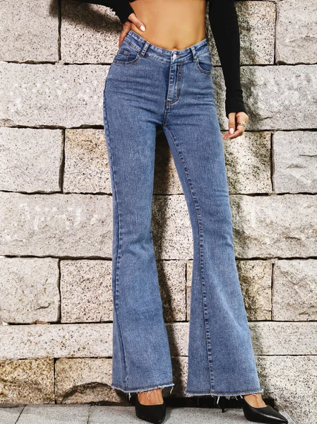 

Denim Plain Casual Pants, Blue, Pants