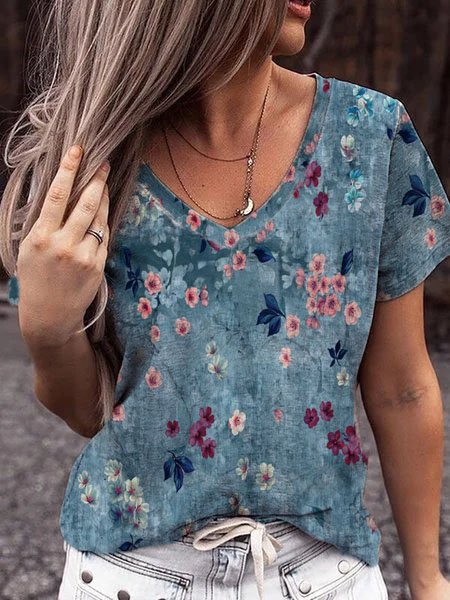

V Neck Loosen Floral Shirts & Tops, Blue, Tops