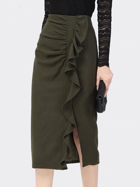 

Work Solid Elegant Regular fit Skirt, Army green, Mini Skirts