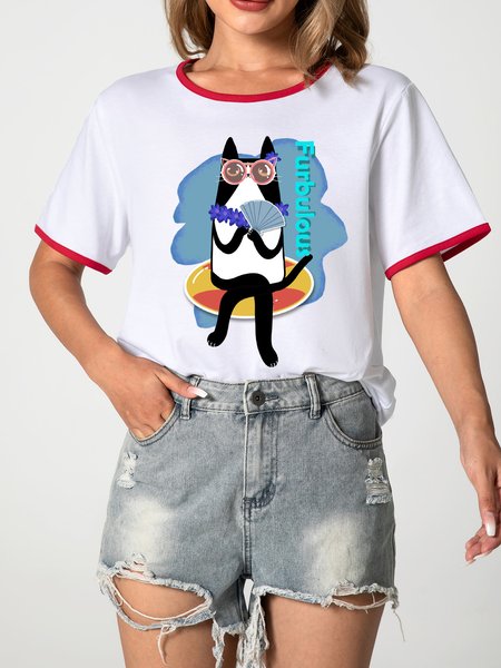

MUMU Furbulous Cute Cat Vintage Ringer Tee, Red, T-shirts