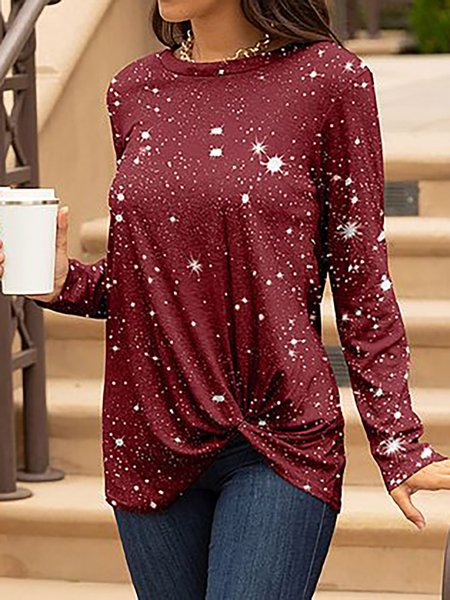 

Abstract Long-Sleeve Twist-Hem Round Neck Casual Tunic Tops, Red, Long sleeve tops