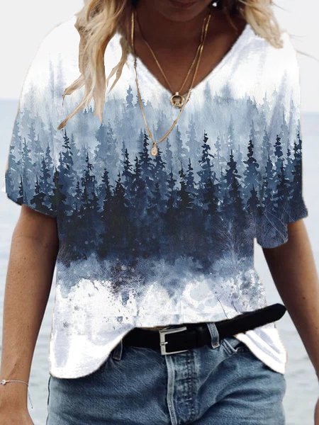 

Psychedelic Forest V Neck Loosen Cotton Blends Shirts & Tops, Blue, Tops