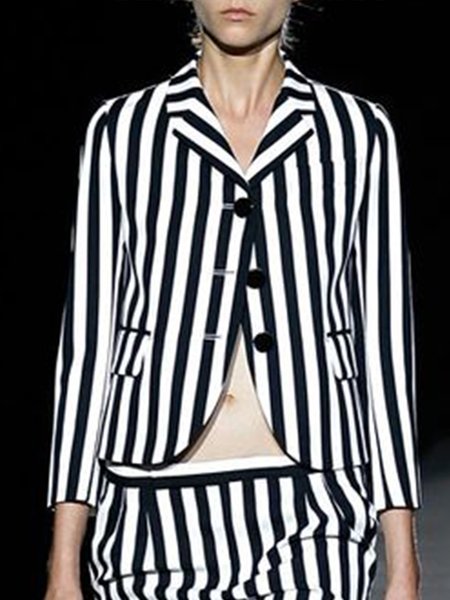 

Simple Elegant Striped Elegant Flat Collar Outerwear, Black-white, Blazers
