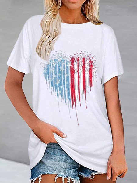 

Casual Loosen Flag Printed Short Sleeves T-shirt Shirts & Tops, White, Tops