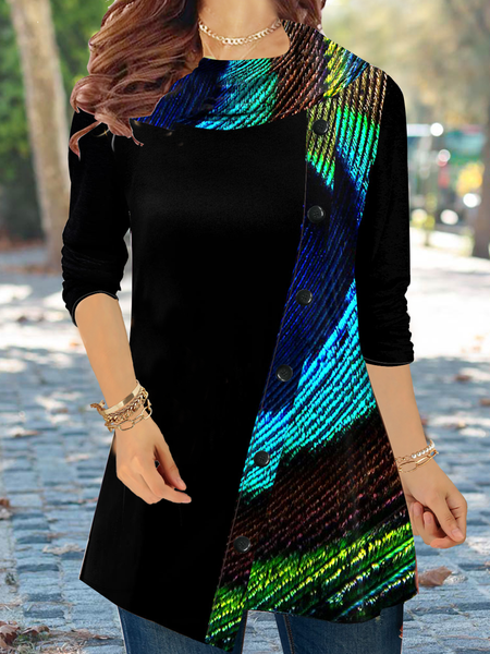 

Long sleeve round Lapel plain color stitching gorgeous Korean velvet fabric geometric printing gradient pattern shows thin waist closing medium length top Plus Size, Black, Tops