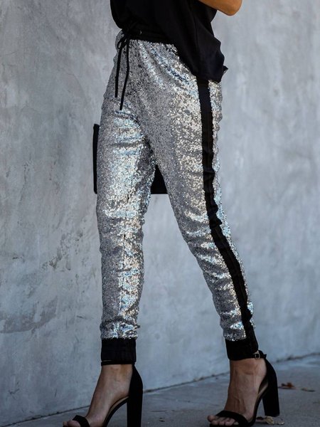

Sequins Plain Regular Fit Long Pants, Silver, Pants
