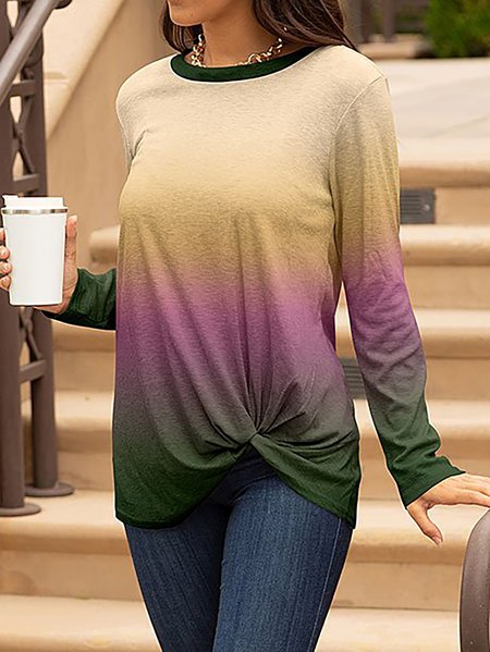 

Ombre Casual Long Sleeve Twist hem Tunic Tops, Multicolor, Long sleeve tops