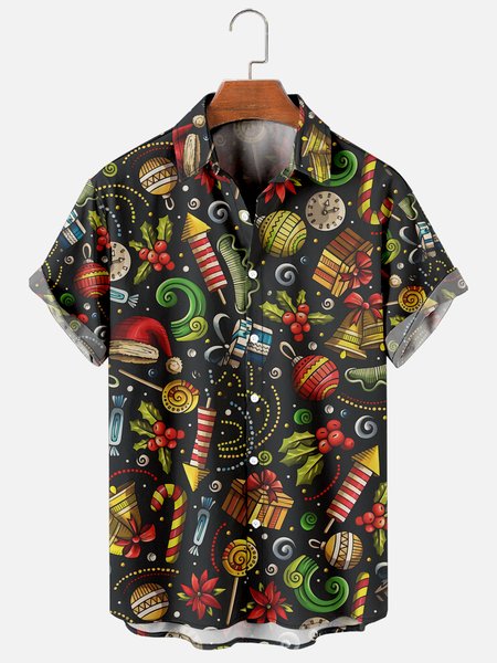 

New Year Fun Print Shirt Collar Short Sleeve Cotton Blends Shirts, As picture, Men's Floral shirt