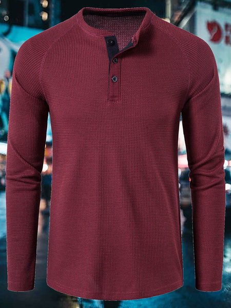 Plain Henry Neck Long Sleeve T-Shirt, Wine red, T-shirt