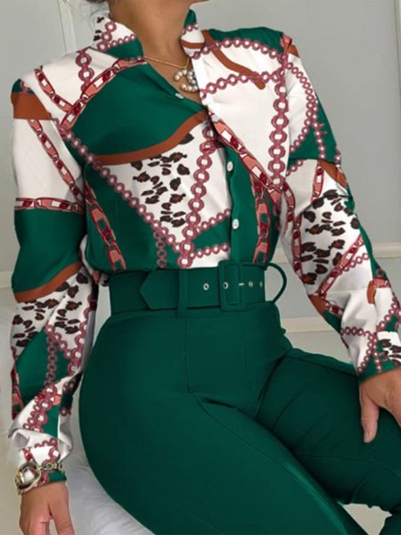 

Geometric Printed Stand Collar Top, Green, Blouses and Shirts