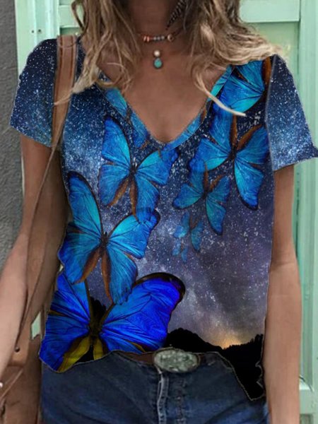 

Butterfly Pattern Casual Vacation V neck Shirts & Tops, Blue, Tops