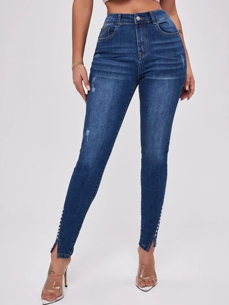 

Slit beaded stitching slim high-waist stretch denim trousers, Deep blue, Jeans