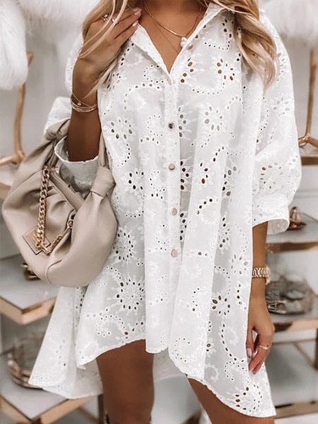 

Three Quarter Shirt Collar Eyelet Top, White, Blouses and Shirts