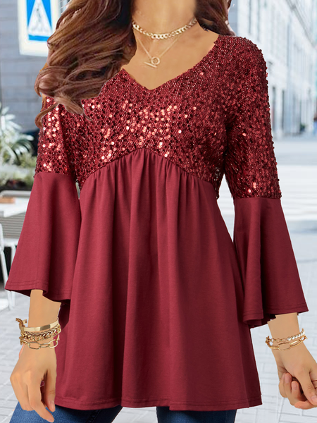 

3 / 7 sleeve V-neck plain gorgeous patchwork Sequin anti pricking double-layer fabric design party top Plus Size Sequins, Red, Tops
