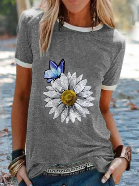 

Casual Vacation Butterfly Pattern Crew Neck Shirts & Tops, Gray, Tops