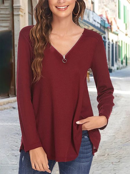 

Cotton Blends Zipper V Neck Casual Shirts & Tops, Datered, Tops