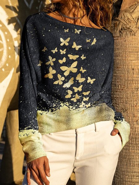 

Loosen Cotton Blends Butterfly Shirts & Tops, Black, Tops