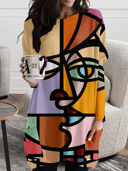 

Abstract Cotton Blends Crew Neck Dresses, Yellow, Mini Dresses