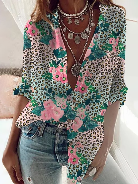 

Leopard Floral Print Stand Collar Casual Vacation Shirts & Tops, Shirts & Blouses
