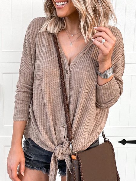 

Casual V neck Solid Loosen Long Sleeve Shirts & Tops, As picture, Tops