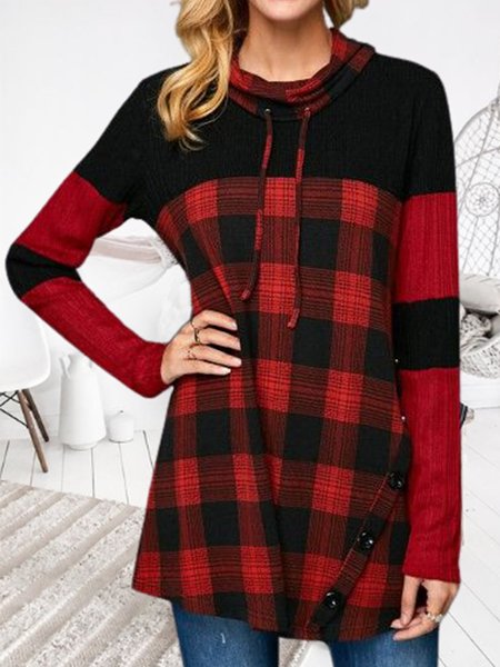 

Cowl Neck Casual Long Sleeve Plaid Shirts & Tops, Red, Tops