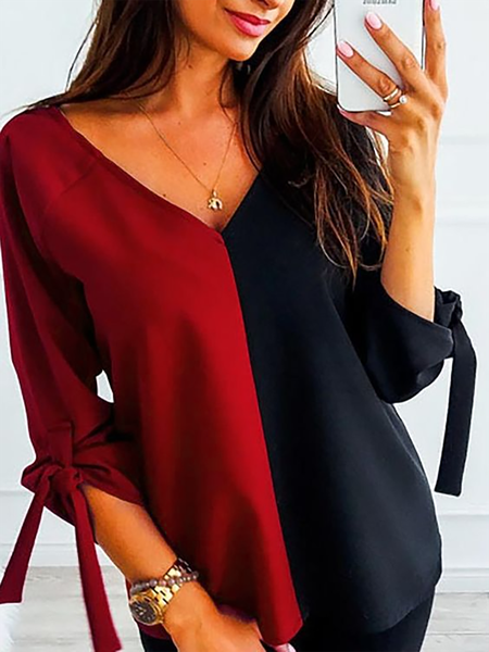 

Plus size Color Block V Neck Casual Shirts & Tops, Red, Tops