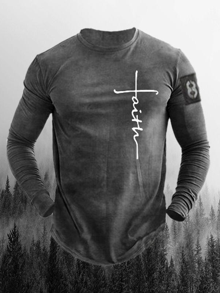 

Men's Round Neck Long Sleeve Text Graphic Print Tee, Deep gray, T-shirt