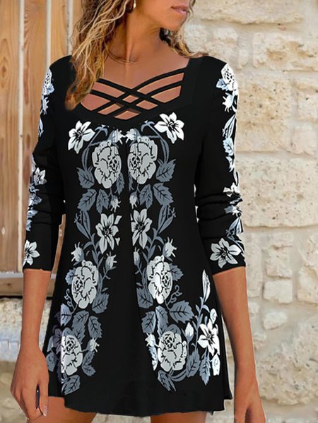 

Regular Fit V Neck Cotton Blends Dresses, Black, Floral Dresses