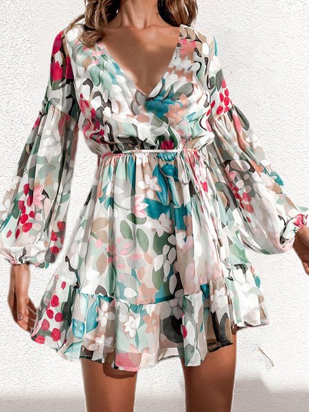 

Casuale Allacciato Floreale Abito, Fiore, Mini Dresses