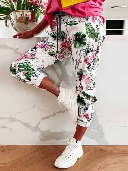 

Floral Casual Pants Women's trousers pocket straps floral print stretch sports pants, Red, Pants