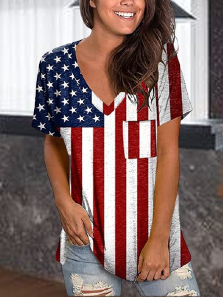 

Printed V Neck Loosen Shirts & Tops, Multicolor, T-Shirts