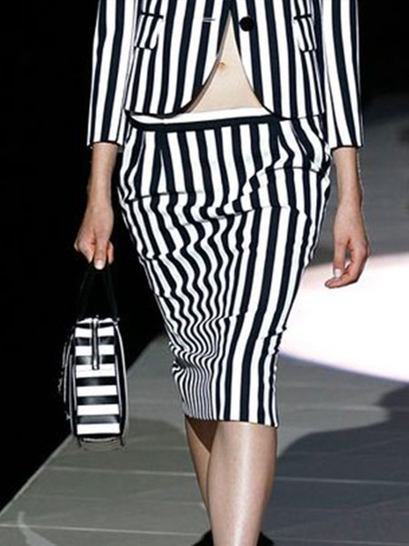 Simple Lady Striped Slim Fit Skirts, Black-white, Midi Skirts