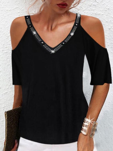 

Rhinestone Off The ShoulderShort Sleeve Shirts & Tops, Black, Tops