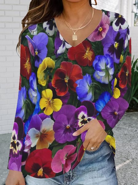 

V Neck Floral Casual Shirts & Tops, As picture, Hoodies&Sweatshirts
