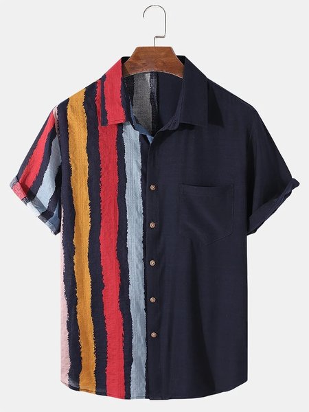 

Red And Yellow Stripes Contrast Casual Cotton And linen Striped Short-Sleeved Shirt, As picture, Shirts ＆ Blouse