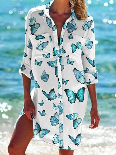 

Buttoned Casual Butterfly Printed pocket shirt Dresses, White, Mini Dresses