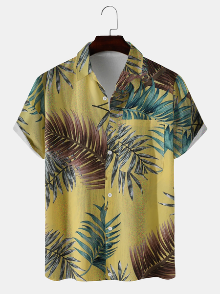 

Hawaiian Plant Casual Cotton And linen Striped Short-Sleeved Shirt, As picture, Shirts ＆ Blouse