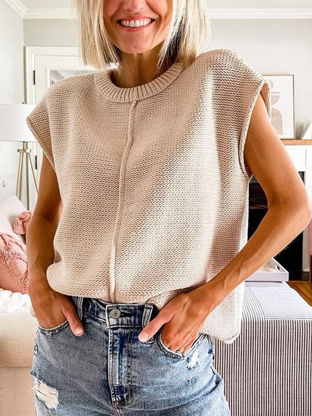 

Casual Solid Crew Neck Wool/Knitting Short Sleeve Sweater, As picture, Knitwear & Sweaters