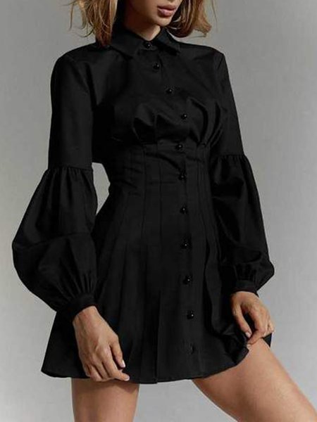 

Shirt Collar Elegant Long Sleeve Mini Dress, Black, Mini Dresses