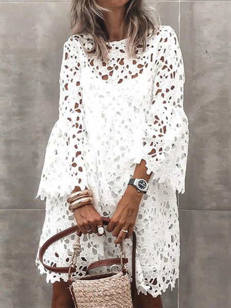 

3/4 Sleeve Guipure Lace Crew Neck Mini Dress, White, Mini Dresses