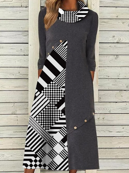 

Geometric Cotton Blends Dresses, Gray, Casual Dresses